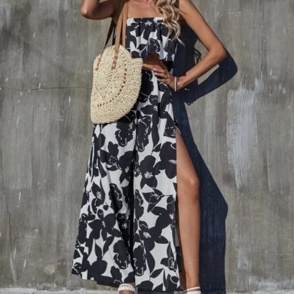 Boho Floral sleeveless Tube Top And Pants Set cottagecore Black White - Picture 5 of 8